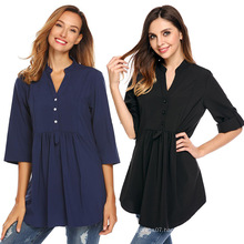 European And American Shirts For Women Blouses Casual Solid Color Thin 3/4 Sleeve Shirts For Women Blouses V-Neck Blouse